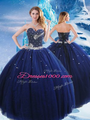 Noble Ball Gowns Quinceanera Dresses Navy Blue Sweetheart Tulle Sleeveless Floor Length Lace Up