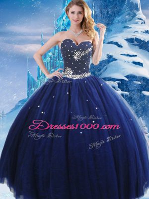 Noble Ball Gowns Quinceanera Dresses Navy Blue Sweetheart Tulle Sleeveless Floor Length Lace Up