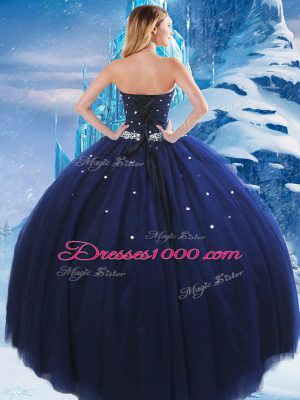 Noble Ball Gowns Quinceanera Dresses Navy Blue Sweetheart Tulle Sleeveless Floor Length Lace Up