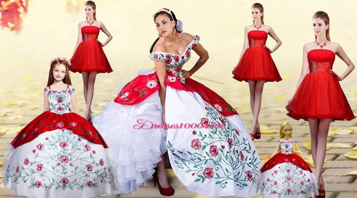 New Arrival White And Red Ball Gowns Off The Shoulder Sleeveless Organza and Taffeta Brush Train Lace Up Embroidery and Ruffled Layers Ball Gown Prom Dress