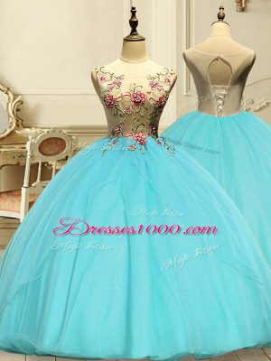 Clearance Aqua Blue Lace Up Sweet 16 Dress Appliques Sleeveless Floor Length