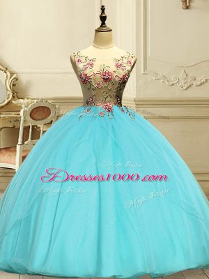 Clearance Aqua Blue Lace Up Sweet 16 Dress Appliques Sleeveless Floor Length