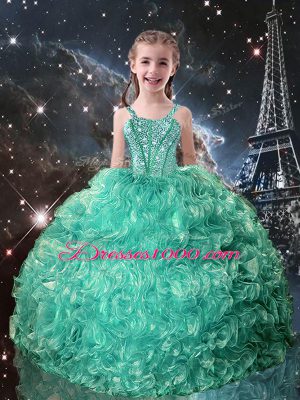 Hot Selling Floor Length Lace Up Little Girls Pageant Dress Wholesale Turquoise for Quinceanera and Wedding Party with Beading and Ruffles