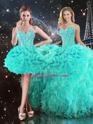 Trendy Sleeveless Organza Floor Length Lace Up Quinceanera Gowns in Turquoise with Beading and Ruffles