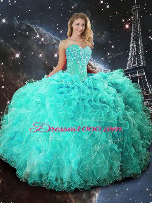 Trendy Sleeveless Organza Floor Length Lace Up Quinceanera Gowns in Turquoise with Beading and Ruffles