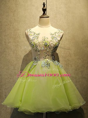 Yellow Green Lace Up Prom Gown Embroidery Sleeveless Mini Length