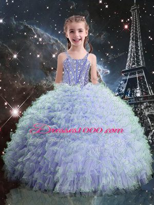 Cute Light Blue Organza Lace Up Pageant Gowns For Girls Sleeveless Floor Length Beading and Ruffles