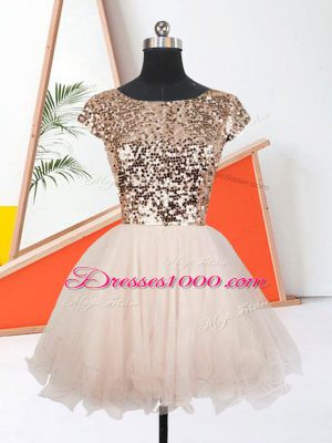 Extravagant Mini Length Peach Prom Party Dress Organza Short Sleeves Sequins
