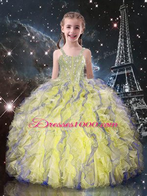 Floor Length Ball Gowns Sleeveless Light Yellow Kids Pageant Dress Lace Up