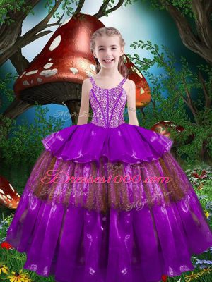 Best Eggplant Purple Lace Up Kids Pageant Dress Beading and Ruffled Layers Sleeveless Floor Length