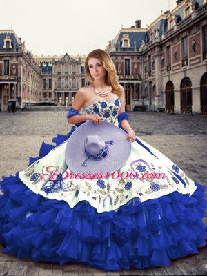 Exquisite Royal Blue Ball Gowns Organza Sweetheart Sleeveless Embroidery and Ruffled Layers Floor Length Lace Up Vestidos de Quinceanera