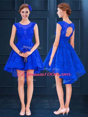 Royal Blue Satin and Lace Lace Up Scoop Sleeveless High Low Vestidos de Damas Lace and Belt