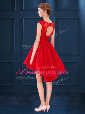 Royal Blue Satin and Lace Lace Up Scoop Sleeveless High Low Vestidos de Damas Lace and Belt
