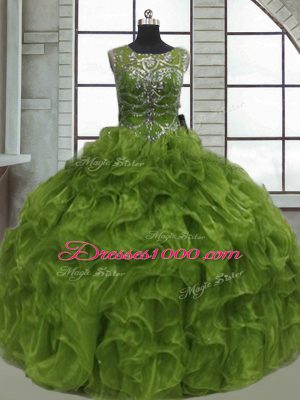 Olive Green Organza Lace Up 15 Quinceanera Dress Sleeveless Floor Length Beading and Ruffles