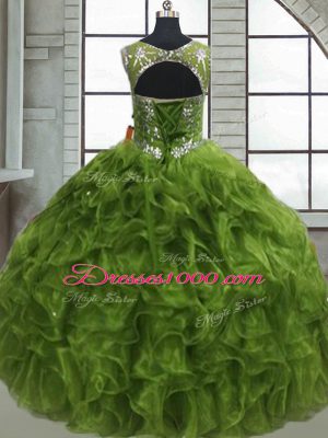 Olive Green Organza Lace Up 15 Quinceanera Dress Sleeveless Floor Length Beading and Ruffles