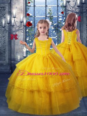 Sleeveless Floor Length Ruffled Layers Lace Up Pageant Gowns For Girls with Gold