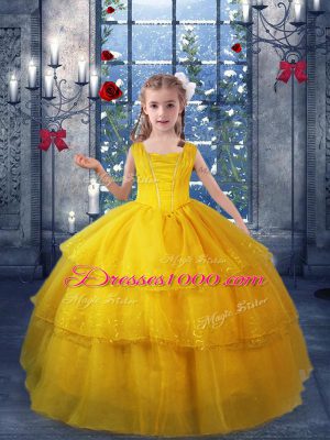 Sleeveless Floor Length Ruffled Layers Lace Up Pageant Gowns For Girls with Gold