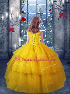 Sleeveless Floor Length Ruffled Layers Lace Up Pageant Gowns For Girls with Gold