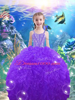 Beading and Ruffles Pageant Gowns For Girls Eggplant Purple Lace Up Sleeveless Floor Length