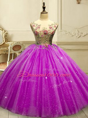 Beautiful Sleeveless Tulle Floor Length Lace Up Vestidos de Quinceanera in Fuchsia with Appliques and Sequins