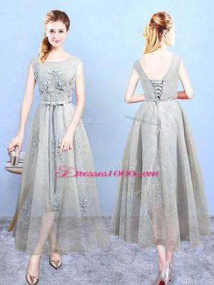Grey Sleeveless Tulle Lace Up Wedding Party Dress for Wedding Party