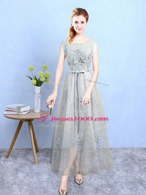 Grey Sleeveless Tulle Lace Up Wedding Party Dress for Wedding Party