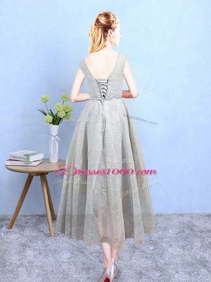 Grey Sleeveless Tulle Lace Up Wedding Party Dress for Wedding Party