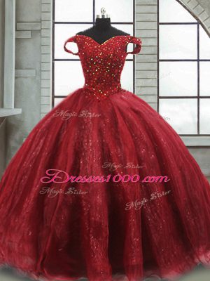 Delicate Wine Red 15th Birthday Dress Tulle Brush Train Sleeveless Beading