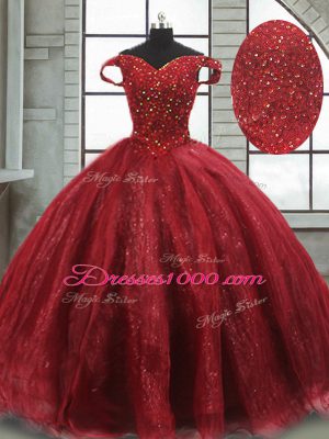 Delicate Wine Red 15th Birthday Dress Tulle Brush Train Sleeveless Beading