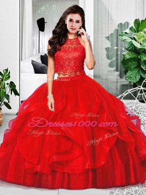 Stylish Red Two Pieces Lace and Ruffles Quince Ball Gowns Zipper Tulle Sleeveless Floor Length