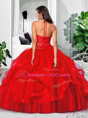 Stylish Red Two Pieces Lace and Ruffles Quince Ball Gowns Zipper Tulle Sleeveless Floor Length