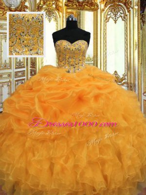 Unique Floor Length Lace Up Quinceanera Dress Orange for Military Ball and Sweet 16 and Quinceanera with Beading and Ruffles