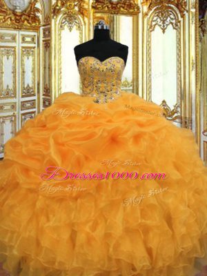 Unique Floor Length Lace Up Quinceanera Dress Orange for Military Ball and Sweet 16 and Quinceanera with Beading and Ruffles