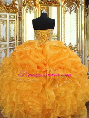 Unique Floor Length Lace Up Quinceanera Dress Orange for Military Ball and Sweet 16 and Quinceanera with Beading and Ruffles