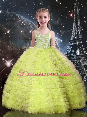 Straps Sleeveless Tulle Pageant Gowns For Girls Beading and Ruffled Layers Lace Up