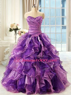 Sleeveless Floor Length Beading and Ruffles Lace Up Ball Gown Prom Dress with Eggplant Purple