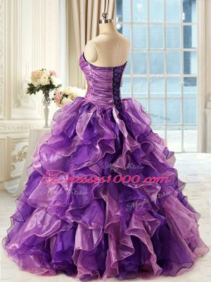 Sleeveless Floor Length Beading and Ruffles Lace Up Ball Gown Prom Dress with Eggplant Purple