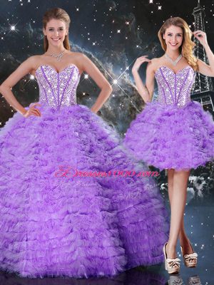 Artistic Floor Length Lavender Sweet 16 Quinceanera Dress Organza Sleeveless Beading and Ruffled Layers