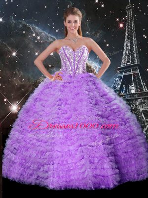 Artistic Floor Length Lavender Sweet 16 Quinceanera Dress Organza Sleeveless Beading and Ruffled Layers