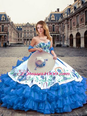 Blue And White Organza and Taffeta Lace Up Quinceanera Dresses Sleeveless Floor Length Embroidery and Ruffled Layers
