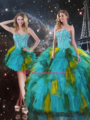 Exquisite Tulle Sweetheart Sleeveless Lace Up Beading and Ruffles Sweet 16 Dresses in Multi-color