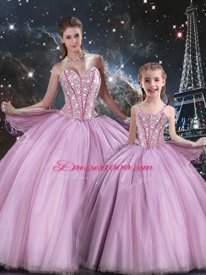 Custom Design Lilac Ball Gowns Sweetheart Sleeveless Tulle Floor Length Lace Up Beading Sweet 16 Dresses