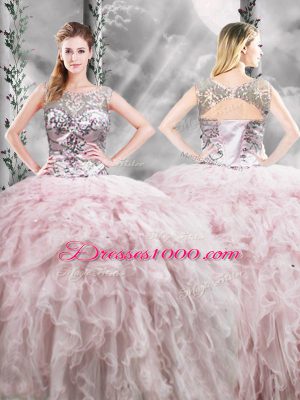 Inexpensive Floor Length Zipper Quinceanera Dress Pink for Military Ball and Sweet 16 and Quinceanera with Ruffles