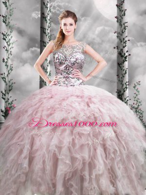 Inexpensive Floor Length Zipper Quinceanera Dress Pink for Military Ball and Sweet 16 and Quinceanera with Ruffles