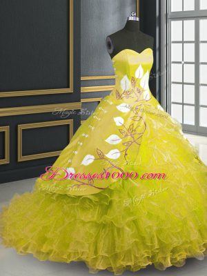 Fitting Organza Sleeveless Sweet 16 Dresses Brush Train and Embroidery and Ruffles