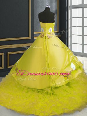 Fitting Organza Sleeveless Sweet 16 Dresses Brush Train and Embroidery and Ruffles