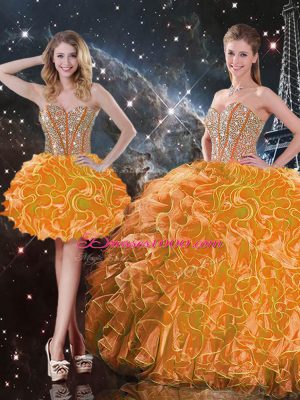 Beauteous Orange Sweetheart Lace Up Beading and Ruffles Quinceanera Dress Sleeveless