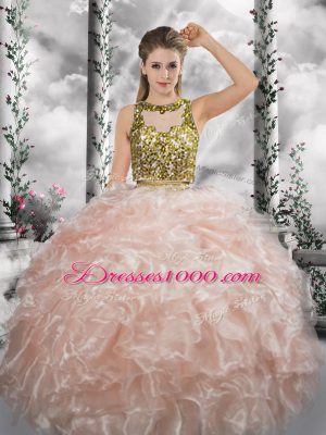 Beading and Ruffles Quinceanera Gown Peach Zipper Sleeveless Floor Length