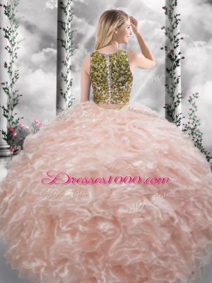 Beading and Ruffles Quinceanera Gown Peach Zipper Sleeveless Floor Length