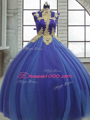 Spectacular Royal Blue Lace Up High-neck Appliques Quinceanera Gowns Tulle Sleeveless